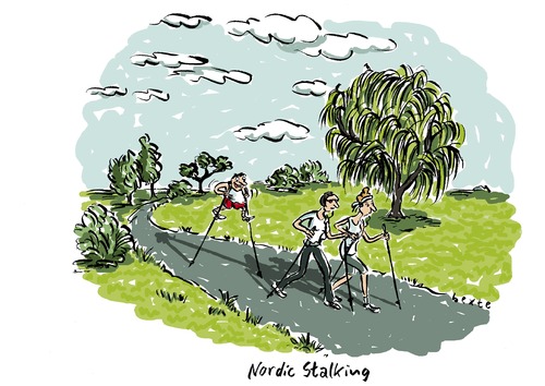 Cartoon: Nordic Stalking (medium) by Bettina Bexte tagged nordic,walking,stalking,sport,männer,frauen,fitness,nordic walking,sport,fitness,frauen,stalker,verfolger,verfolgen,liebe,nordic,walking