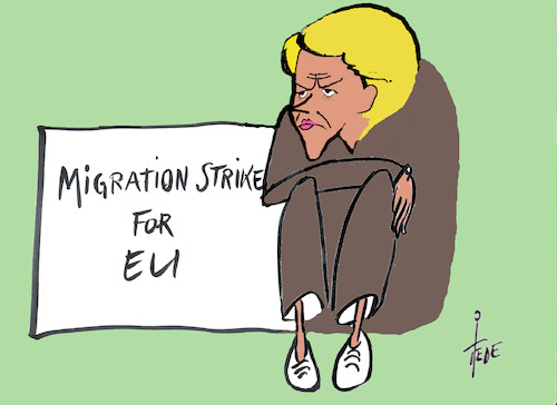 Cartoon: Migration Strike (medium) by tiede tagged migration,eu,frontex,griechenland,von,der,leyen,tiede,cartoon,karikatur,migration,eu,frontex,griechenland,von,der,leyen,tiede,cartoon,karikatur