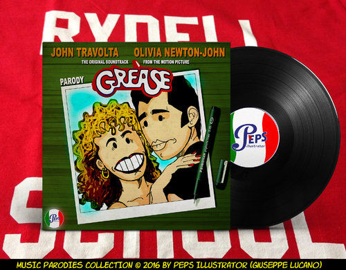 Cartoon: Grease Movie parody (medium) by Peps tagged grease,travolta,olivia,newtonjohn,fifthy,rock,music,musical,dance,grafitti