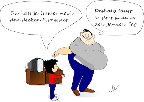 Cartoon: Fernseher (medium) by Jochen N tagged fernseher,fernsehen,tv,medien,röhre,röhrenfernseher,film,ard,zdf,rtl,lauf,dick,durchgehend,ständig