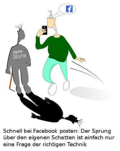 Cartoon: Hauptsache bei Facebook (medium) by Jochen N tagged facebook,posten,smartphone,hochladen,handy,likes,soziales,netzwerk,pappe,schatten,springen,sprung,selfie,technik,handwerk,holz,papier,idee