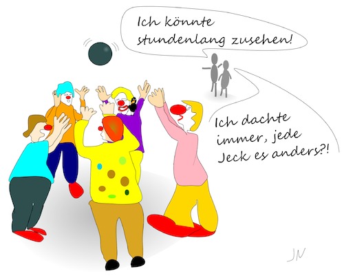 Cartoon: Jecke Jecken (medium) by Jochen N tagged jeck,jecken,karneval,clown,rosenmontag,narren,kostüm,fasnacht,ball,spiel,wurf,werfen,zuwerfen,zuspiel,abspiel,ballabgabe,rabe