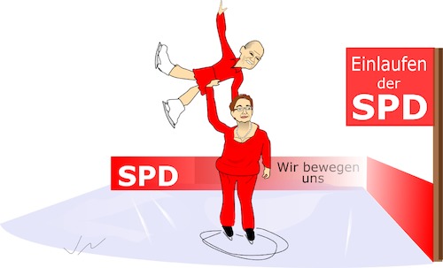 Cartoon: Kür (medium) by Jochen N tagged scholz,geywitz,spd,parteivorsitz,parteivorstand,doppelspitze,schlittschuhe,eis,einlauf,bewegung,eislaufen,eishalle,eiskunstlauf