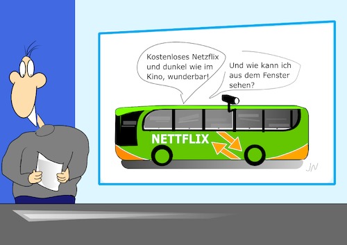 Cartoon: Mein Cartoon heute im Toon- TV (medium) by Jochen N tagged flixbus,netflix,bus,bahn,reisen,stream,tv,serie,film,fernsehen,kamera,videoüberwachung,überwachung