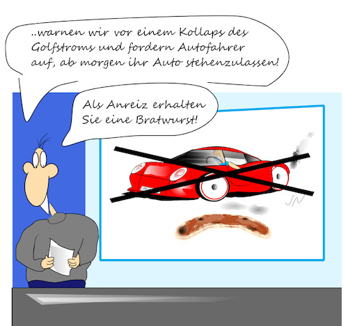 Cartoon: Nachrichten (medium) by Jochen N tagged warnung,auto,pkw,fahrverbot,kollaps,golfstrom,anreiz,bratwurst,abgase,klimawandel,klimaschutz,co2,umwelt,umweltschutz,erderwärmung,maik