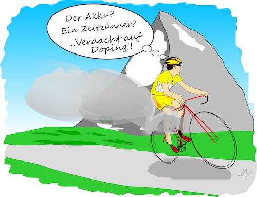 Cartoon: Tour der Leiden (medium) by Jochen N tagged fahrrad,rad,tour,de,france,doping,bike,pedelec,berg,akku,qualm,rauch