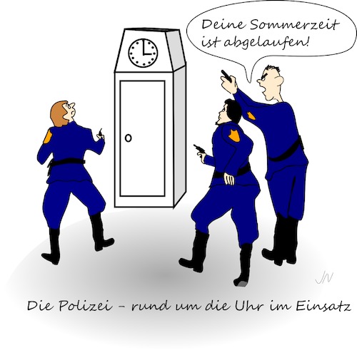 Cartoon: Uhr umstellen (medium) by Jochen N tagged uhr,umstellen,umstellung,sommerzeit,winterzeit,zeit,zeitumstellung,stunde,zurückstellen,standuhr,abgelaufen,polizei,einsatz,pistole,schießen,schuss,waffe,drohung,bedrohung,drohen