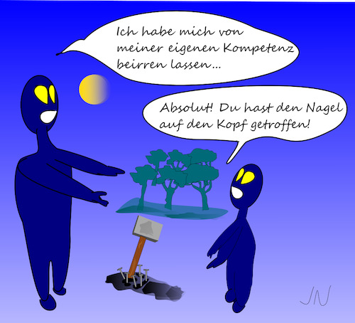 Cartoon: Weltfremd (medium) by Jochen N tagged aliens,außerirdisch,ufo,mond,sprichwort,nagel,nägel,kopf,hammer,kompetenz,irre,wald,nacht
