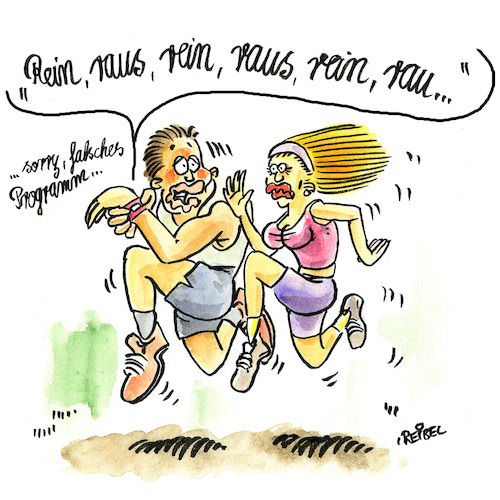 Cartoon: Fitnessprogramm (medium) by REIBEL tagged iwatch,fitness,jogging,partner,frau,mann,armband,tracker