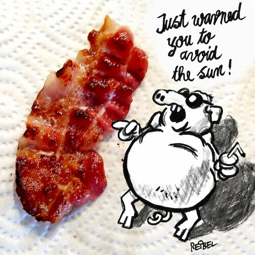 Cartoon: ready to eat (medium) by REIBEL tagged speck,schwein,pig,bacon,sun,sonne,strahlung,speck,schwein,pig,bacon,sun,sonne,strahlung