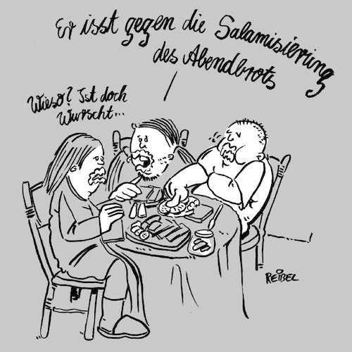 Cartoon: Salamisierung (medium) by REIBEL tagged essen,politik,islamisierung,protest,wahlkampf,familie,salami,wurst