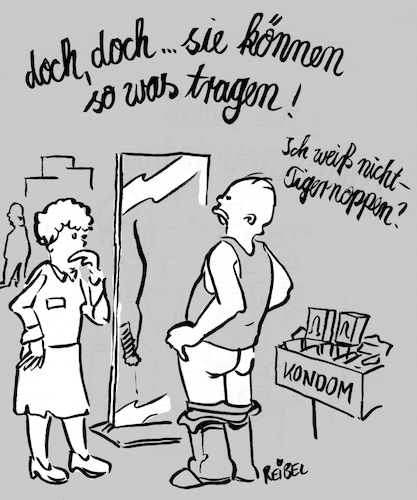 Cartoon: Stilberatung (medium) by REIBEL tagged kondom,mode,kaufhaus,verkäuferin,beratung,spiegel,noppen,test,anprobe,kaufen,ware,wühltisch