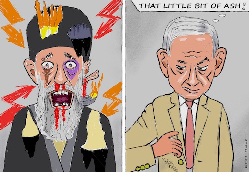 Cartoon: Aft. the 1st Exch. o.Hostilities (medium) by Barthold tagged air,rocket,attacks,israel,iran,goal,destruction,nuclear,plants,june,2025,retaliation,major,destructions,persia,elimination,iranian,missiles,ali,khamenei,battered,traces,of,attack,ash,jacket,benjamin,netanyahu,cartoon,caricature,barthold,air,rocket,attacks,israel,iran,goal,destruction,nuclear,plants,june,2025,retaliation,major,destructions,persia,elimination,iranian,missiles,ali,khamenei,battered,traces,of,attack,ash,jacket,benjamin,netanyahu,cartoon,caricature,barthold