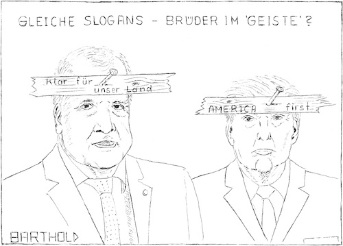 Cartoon: CSU deja-vu-Slogan (medium) by Barthold tagged csu,wahlkampf,2017,klar,für,unser,land,horst,seehofer,trump,america,first,slogan,brüder,im,geist,brett,vorm,kopf,vernagelt,nagel