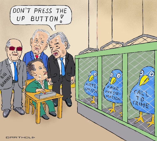 Cartoon: Effort to Contain (medium) by Barthold tagged twitter,take,over,elon,musk,warnings,suspension,regulation,tweets,messages,admittance,hate,speech,fake,information,calls,to,crime,representative,big,brands,joe,biden,antonio,guterres,birds,cage,mechanical,hatches,control,device,cartoon,caricature,barthold,twitter,take,over,elon,musk,warnings,suspension,regulation,tweets,messages,admittance,hate,speech,fake,information,calls,to,crime,representative,big,brands,joe,biden,antonio,guterres,birds,cage,mechanical,hatches,control,device,cartoon,caricature,barthold