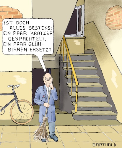 Cartoon: GroKo Halbzeitbilanz (medium) by Barthold tagged groko,große,koalition,spd,union,vereinbarung,koalitionsvertrag,halbzeitbilanz,olaf,scholz,heruntergekommen,renovierungsbedürftig,treppenhaus,hausmeister,reisigbesen