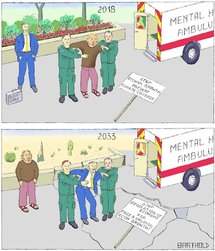 Cartoon: Growth or Climate (medium) by Barthold tagged climate,change,collapse,catastrophe,global,warming,convention,catowice,2018,mental,health,ambulance,vehicle,paramedic,economy,economic,growth,governmental,regulation,restriction,tax,collection,blooming,flower,bed,edging,cactus,cactuses,asphalt,crack
