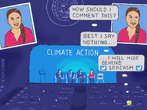 Cartoon: Helpless Prez at Climate Summit (medium) by Barthold tagged greta,thunberg,fridays,for,future,climate,campaigner,new,york,un,united,nations,summit,september,23,2019,emotional,speech,tweet,twitter