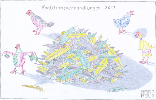 Cartoon: Jamaikaner lassen Federn (medium) by Barthold tagged cdu,csu,fdp,grüne,koalitionsverhandlungen,2017,jamaika,gerupfte,hühner,federhaufen