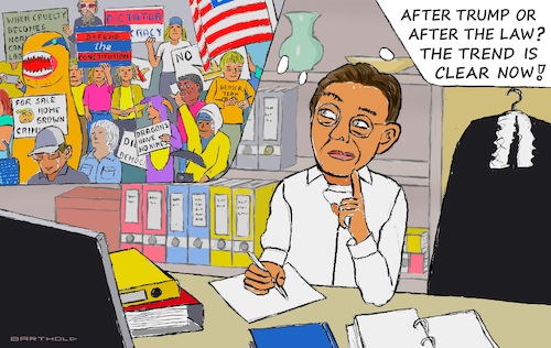 Cartoon: Judge Struggling for Decision (medium) by Barthold tagged usa,thought,bubble,no,kings,demonstrations,protests,october,18,2025,seven,million,people,judge,pondering,follow,trump,or,being,compliant,with,law,constitution,office,desk,cartoon,caricature,barthold,usa,thought,bubble,no,kings,demonstrations,protests,seven,million,people,judge,pondering,follow,trump,or,being,compliant,with,law,constitution,cartoon,caricature,barthold