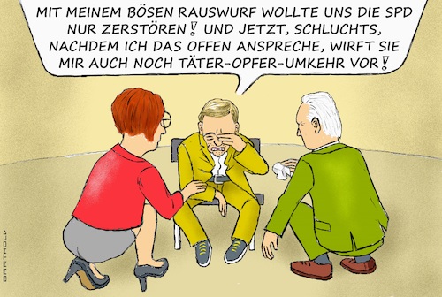 Cartoon: Lindner erleidet dopp. Unrecht! (medium) by Barthold tagged ampel,ende,christian,lindner,interview,handelsblatt,behauptung,spd,ziel,zerstörung,fdp,falschbehauptung,liberale,hatten,plan,sprengen,koalition,täter,opfer,umkehr,tröster,bettina,stark,watzinger,wolfgang,kubicki,cartoon,karikatur,barthold,ampel,ende,christian,lindner,interview,handelsblatt,behauptung,spd,ziel,zerstörung,fdp,falschbehauptung,liberale,hatten,plan,sprengen,koalition,täter,opfer,umkehr,tröster,bettina,stark,watzinger,wolfgang,kubicki,cartoon,karikatur,barthold