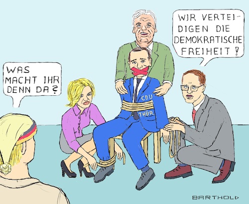 Cartoon: Notbremse (medium) by Barthold tagged landtagswahl,thüringen,2019,ausschluss,koalition,linke,cdu,mike,mohring,julia,klöckner,volker,bouffier,carsten,linnemann,fesseln,knebeln,stuhl,klebeband,bundespartei,landespartei,interessenkonflikt,prinzipientreue,parteitagsbeschluss