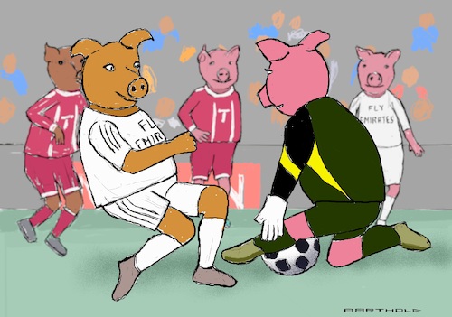 Cartoon: Schweinespiel (medium) by Barthold tagged fußball,champions,league,spiel,fcb,vs,real,madrid,süddeutsche,zeitung,bezeichnung,schweinespiel,vordergrund,spieler,mbappe,neuer,cartoon,karikatur,barthold,fußball,champions,league,spiel,fcb,vs,real,madrid,süddeutsche,zeitung,bezeichnung,schweinespiel,vordergrund,spieler,mbappe,neuer,cartoon,karikatur,barthold