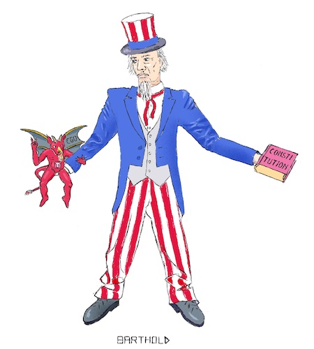 Cartoon: The Wall America Needs to Decide (medium) by Barthold tagged wall,mexico,budget,congress,donald,trump,ego,constitution,devil,uncle,sam,national,emergency,american,courts