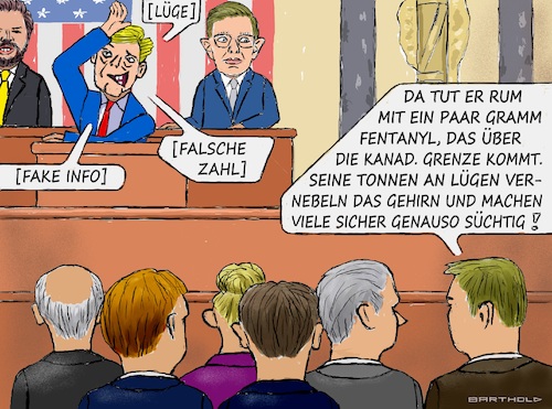 Cartoon: Trumps Rede v. d. Kongress (medium) by Barthold tagged donald,trump,rede,kongress,märz,04,2025,falsche,zahlen,fake,information,jd,vance,mike,johnson,fehlinformationen,als,droge,cartoon,karikatur,barthold,donald,trump,rede,kongress,märz,04,2025,falsche,zahlen,fake,information,jd,vance,mike,johnson,fehlinformationen,als,droge,cartoon,karikatur,barthold