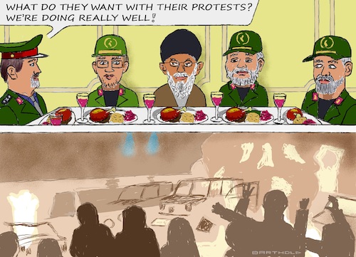 Cartoon: Two Realities (medium) by Barthold tagged iran,january,2026,protests,demonstrations,riots,poverty,hunger,lack,prospects,supression,mullah,regime,theocrazy,ali,khamenei,officers,revolutionary,guard,corps,dining,meat,drinking,wine,cartoon,caricature,barthold,iran,january,2026,protests,demonstrations,riots,poverty,hunger,lack,prospects,supression,mullah,regime,theocrazy,ali,khamenei,officers,revolutionary,guard,corps,dining,meat,drinking,wine,cartoon,caricature,barthold