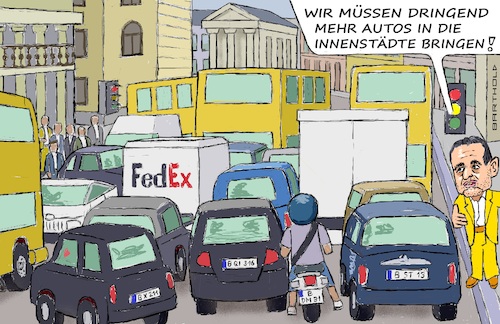 Cartoon: Verkehrswende (medium) by Barthold tagged bijan,djir,sarai,generalsekretär,fdp,propagiert,mehr,autos,städten,innenstädten,billiges,parken,rückbau,fußgängerzonen,rückschritt,rückschrittlich,cartoon,karikatur,barthold,bijan,djir,sarai,generalsekretär,fdp,propagiert,mehr,autos,städten,billiges,parken,rückbau,fußgängerzonen,rückschritt,rückschrittlich,cartoon,karikatur,barthold