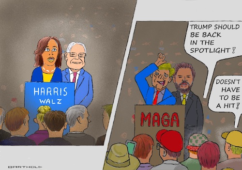 Cartoon: Who Gets the Attention? (medium) by Barthold tagged america,usa,presidential,election,2024,campaign,kamala,harris,tim,walz,trump,vance,hype,attention,reference,assassination,attempt,graze,butler,pennsylvania,cartoon,caricature,barthold,america,usa,presidential,election,2024,campaign,kamala,harris,tim,walz,trump,vance,hype,attention,reference,assassination,attempt,graze,butler,pennsylvania,cartoon,caricature,barthold