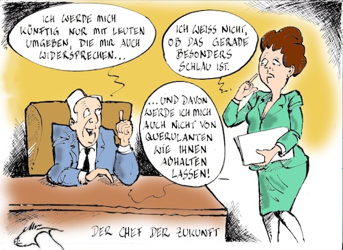 Cartoon: Chef der Zukunft (medium) by Michael Riedler tagged chef,zukunft,führung,widerspruch,team,mitarbeiter,mitarbeiterführung