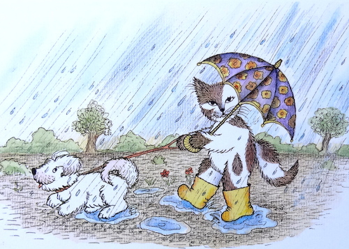 Cartoon: april april der macht wat er w (medium) by katzen-gretelein tagged katze,hund,wetter,regen,natur,hundewetter,jahreszeit,april