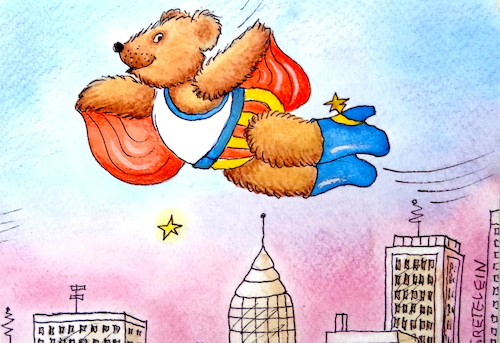Cartoon: fliegender bär über manhattan (medium) by katzen-gretelein tagged bär,tiere,manhattan,luft,hochhäuser,fliegen