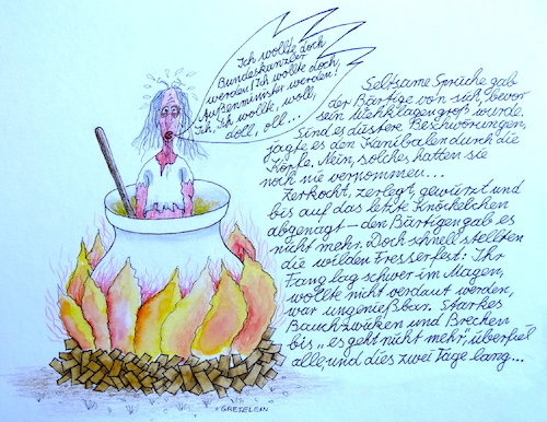 Cartoon: martins ende (medium) by katzen-gretelein tagged innenpolitik,urwald,kanibalismus,schrupfkopf,brauchtum,essen,übelkeit