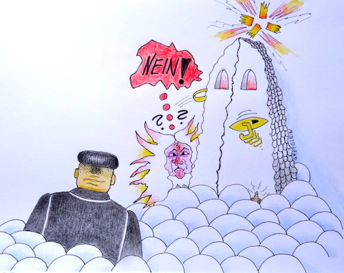 Cartoon: raketenmann an der himmelstür (medium) by katzen-gretelein tagged raketenmann,himmelstür,nord,korea,petrus