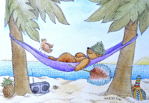 Cartoon: unter südlicher sonne (medium) by katzen-gretelein tagged sommer,sonne,meer,faulenzen,bär,palmen,transistorradio,vogel,hängematte