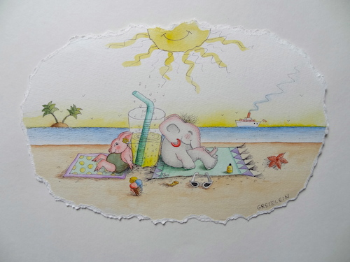 Cartoon: unter südlicher sonne ... (medium) by katzen-gretelein tagged sonne,meer,urlaub,schwein,elefant,verliebt,limonade