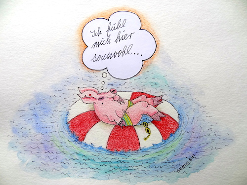 Cartoon: urlaub im rettungsring ... (medium) by katzen-gretelein tagged urlaub,rettungsring,schweinchen,badefreuden