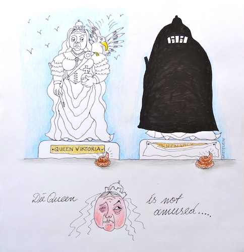 Cartoon: verpackungskünstler auf abwegen (medium) by katzen-gretelein tagged kunst,england,königin,burka