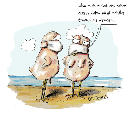 Cartoon: FKK auf Malle (medium) by OTTbyrds tagged malle,marllorca,fkk,sommer2020,sommerurlaub,strand,nacktbaden,skinnydipping,corvid19,corona