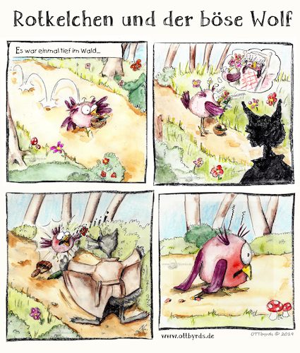 Cartoon: Rotkelchen und der böse Wolf (medium) by OTTbyrds tagged rotkäpchen,robin,little,red,riding,hood,rotkelchen,märchen,fairy,tales,odd,birds