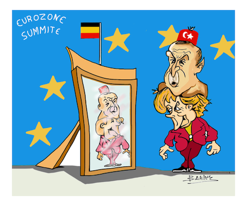 Cartoon: EYROZONE SUMMIT (medium) by vasilis dagres tagged greecee,eyropean,union,turkey,merkel,erntogan