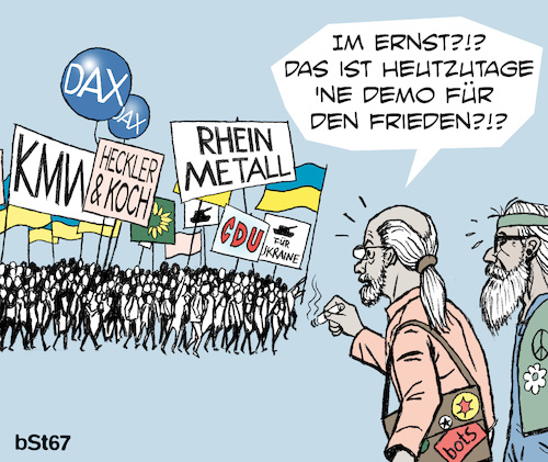 Cartoon: Demo für den Frieden (medium) by bSt67 tagged krieg,ukraine,frieden,börse,aufrüstung,waffenlieferungen,grüne,cdu,demonstranten,früher,heute,rüstungskonzerne,alte,sponti
