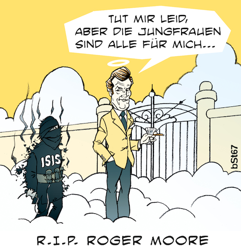 Cartoon: R.I.P. Roger Moore (medium) by bSt67 tagged isis,paradies,himmel,007,bond,jungfrauen