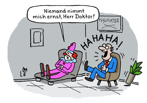 Cartoon: Sinnkrise (medium) by Lo Graf von Blickensdorf tagged clown,psychiater,sinnkrise,psychoanalyse,freud,ernstnehmen,karikatur,lo,graf,cartoon,witzig,ernst,clown,psychiater,sinnkrise,psychoanalyse,freud,ernstnehmen,karikatur,lo,graf,cartoon,witzig,ernst