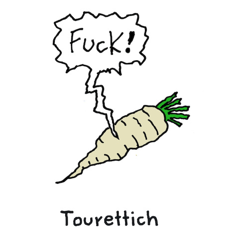 Cartoon: Tic (medium) by Lo Graf von Blickensdorf tagged tourettesyndrom,raphanus,tourette,tic,fuck,syndrom,rettich,wortspiel,cartoon,gemüse