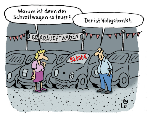 Cartoon: Vollgetankt (medium) by Lo Graf von Blickensdorf tagged gebrauchtwagen,schrottauto,händler,benzin,vollgetankt,diesel,super,karikatur,lo,graf,cartoon,benzinkrise,ölkrise,teuer,tankstelle,mann,frau,kundin,auto,gebrauchtwagen,schrottauto,händler,benzin,vollgetankt,diesel,super,karikatur,lo,graf,cartoon,benzinkrise,ölkrise,teuer,tankstelle,mann,frau,kundin,auto
