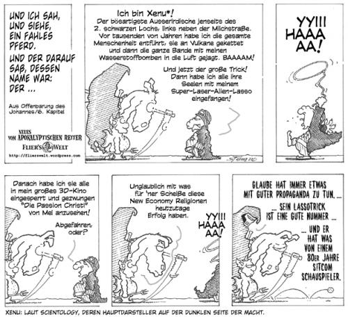 Cartoon: Theologische New Economy (medium) by FliersWelt tagged apokalyptischer,reiter,scientology,xenu,tom,cruise,